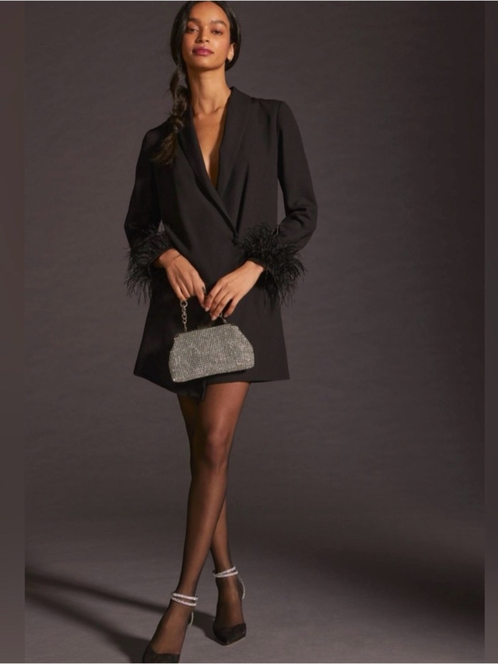 Anthropologie Black Feather-Cuff Mini Dress